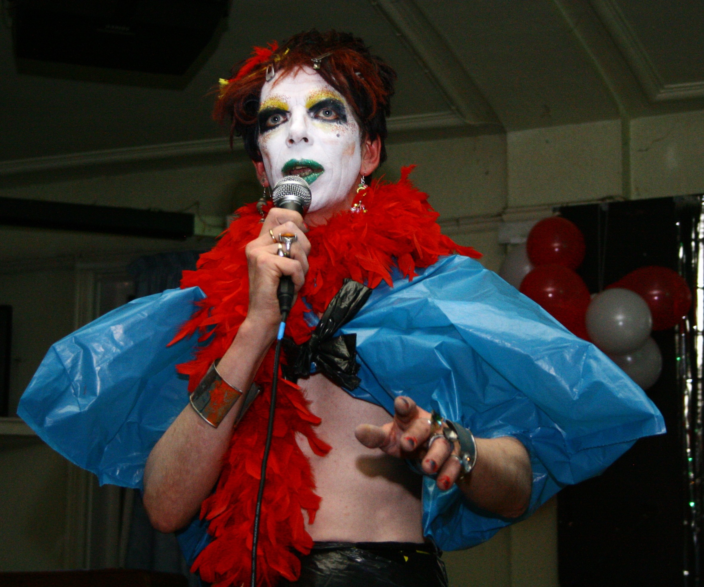 The artist wears heavy make up on their face. They wear an outrageous costume.