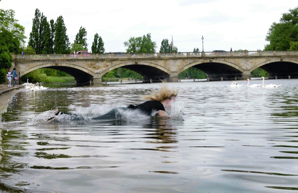 The artist swims in an urban body of water. There is a bridge in the background.