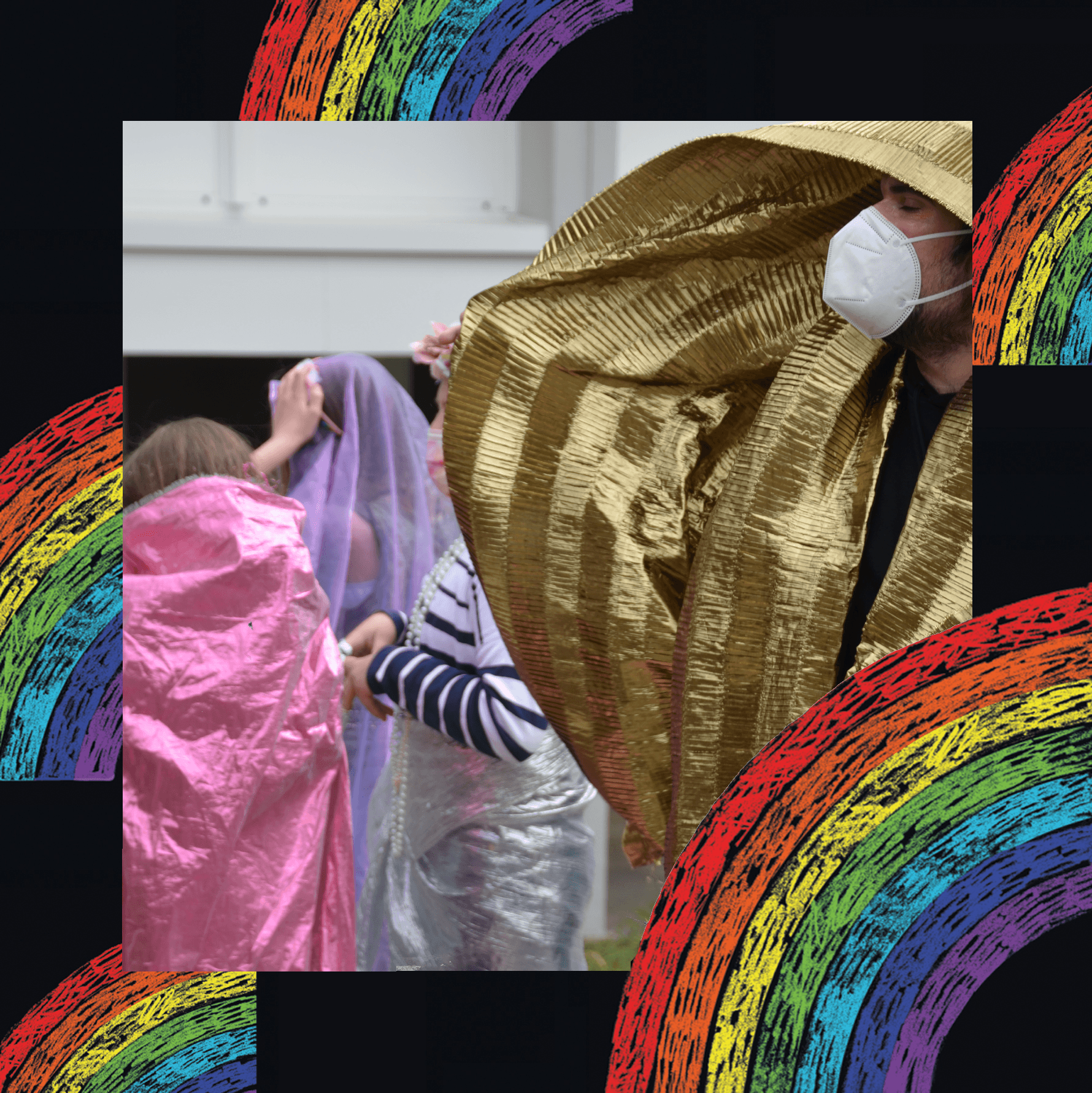 A photographic image of peoplewrapped in metallic fabric. The person nearest the camera is wearing gold fabric, and a white face mask - they are in profile. Four others can be seen in the background, wearing pink, purple and silver fabric, their heads turned away. The image sits on a black background with rainbow illustrations