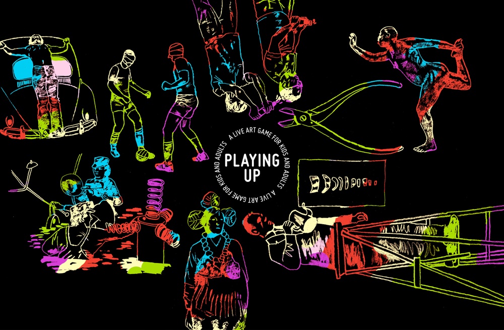 The illustrated artwork on the PLAYING UP Box.