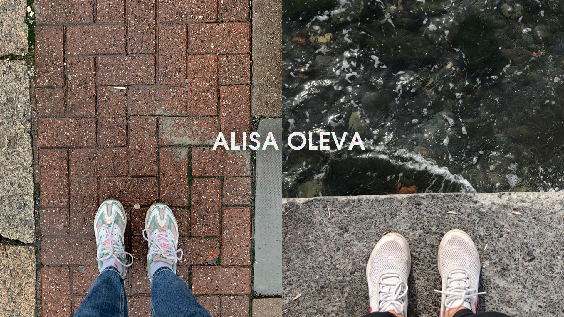 Two pictures of peoples shoes, on the left they are standing on the pavement, the shoes on the right are on concrete by the edge of water.