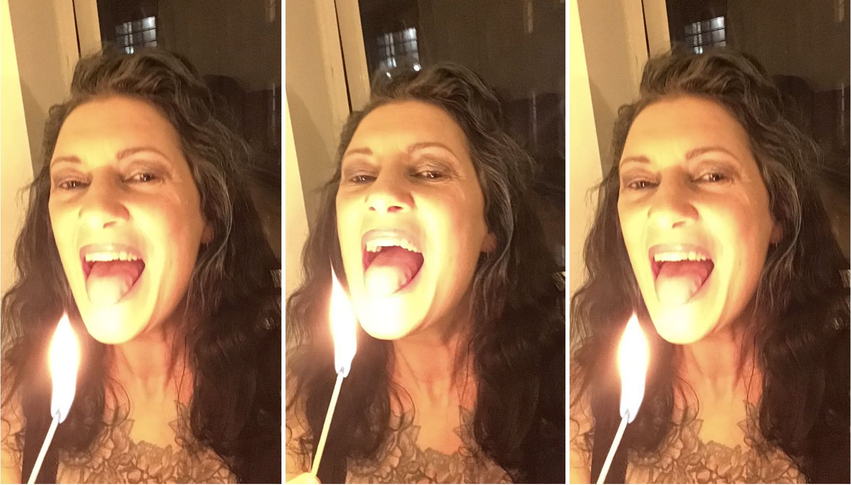 a composite triptych of three images of Jet, a femme person with black hair holding a flae to their mouth.