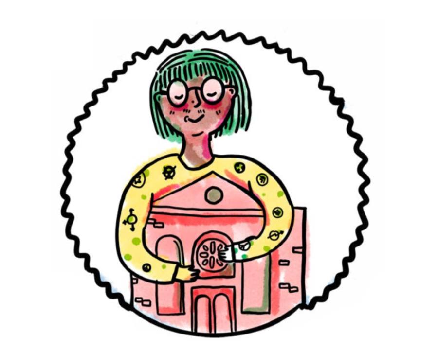 Illustration of a green-haired person hugging the Garrett Centre building